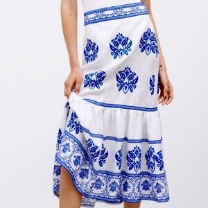 Zara white and blue embroidered maxi skirt.